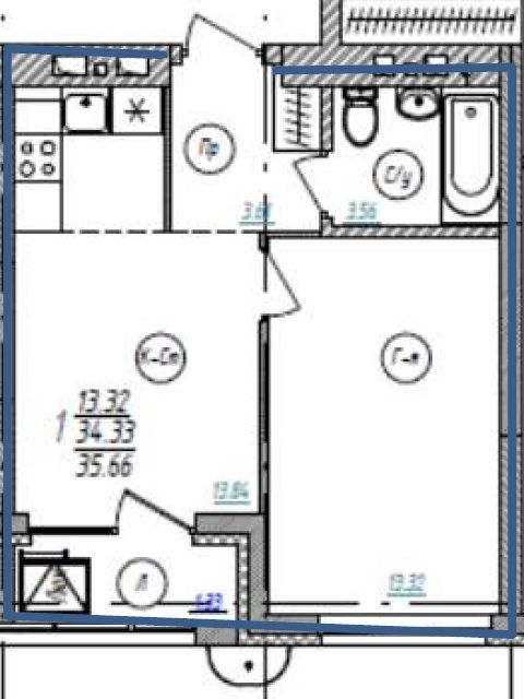 Продаётся 1-комнатная квартира, 35.66 м²