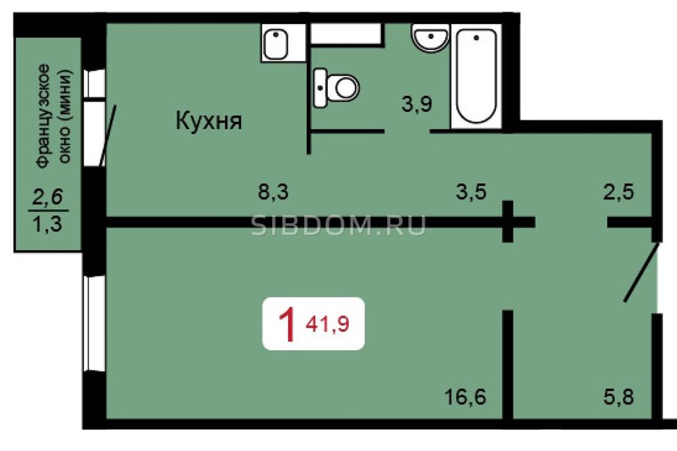 Продаётся 1-комнатная квартира, 41.9 м²