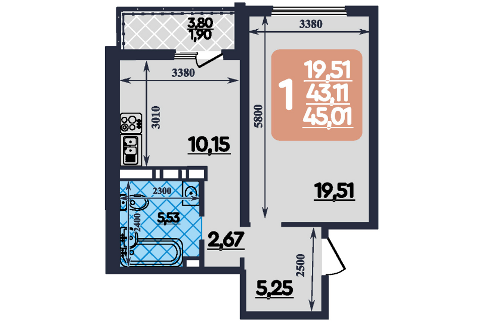 Продаётся 1-комнатная квартира, 45 м²