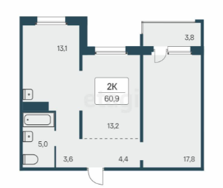 Продаётся 2-комнатная квартира, 60.9 м²