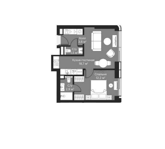 Продаётся 1-комнатная квартира, 38.7 м²