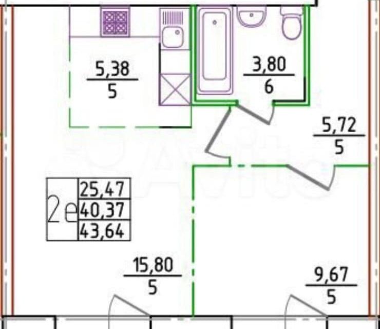 Продаётся 1-комнатная квартира, 43.6 м²