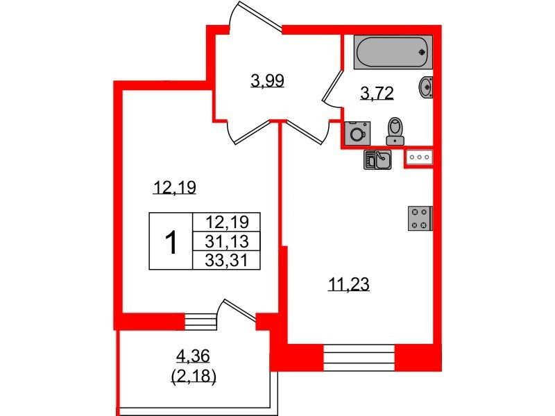 Продаётся 1-комнатная квартира, 33.31 м²