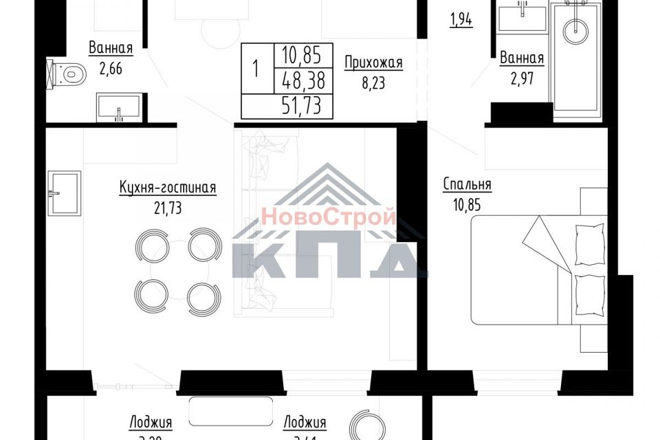 Продаётся 1-комнатная квартира, 52 м²