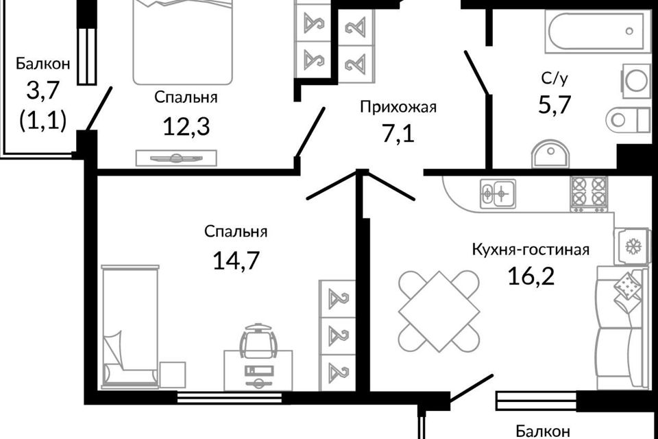 Продаётся 2-комнатная квартира, 59 м²