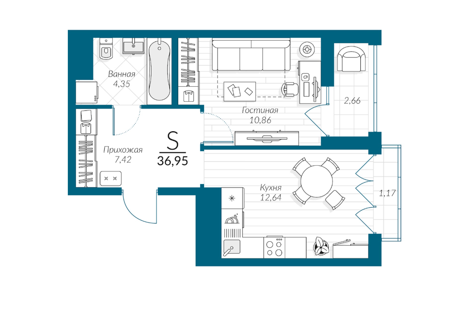 Продаётся 1-комнатная квартира, 35.6 м²