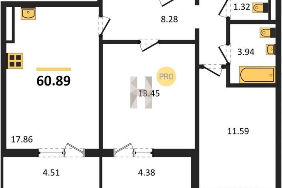 Продаётся 2-комнатная квартира, 60.89 м²