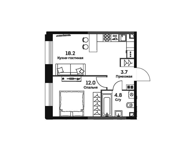 Продаётся 1-комнатная квартира, 38.7 м²