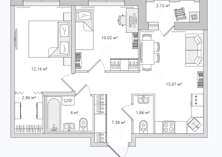 Продаётся 2-комнатная квартира, 53.9 м²