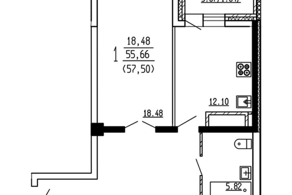 Продаётся 1-комнатная квартира, 56.7 м²