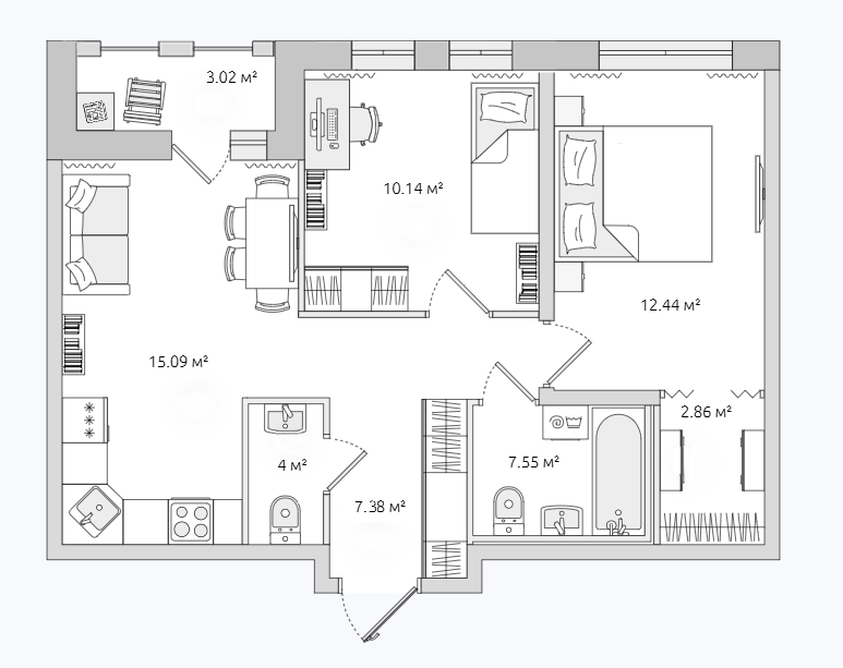 Продаётся 2-комнатная квартира, 53.3 м²