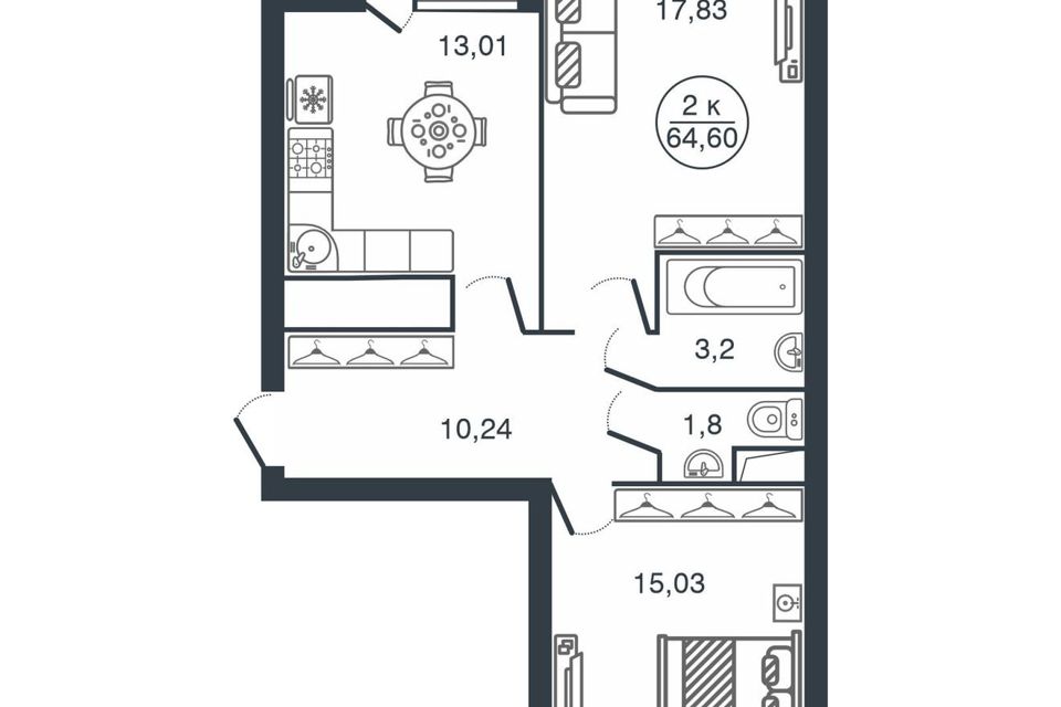 Продаётся 2-комнатная квартира, 64.6 м²