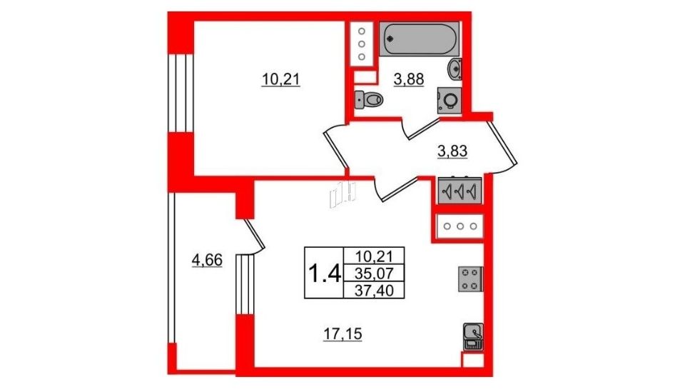 Продаётся 1-комнатная квартира, 37.4 м²