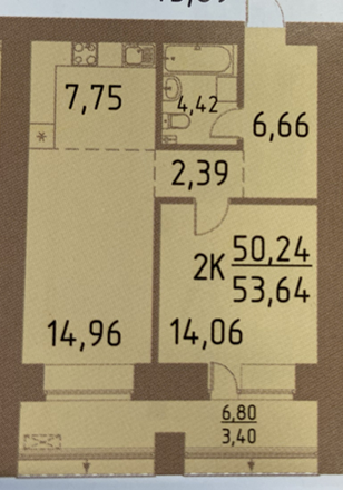 Продаётся 2-комнатная квартира, 53.64 м²