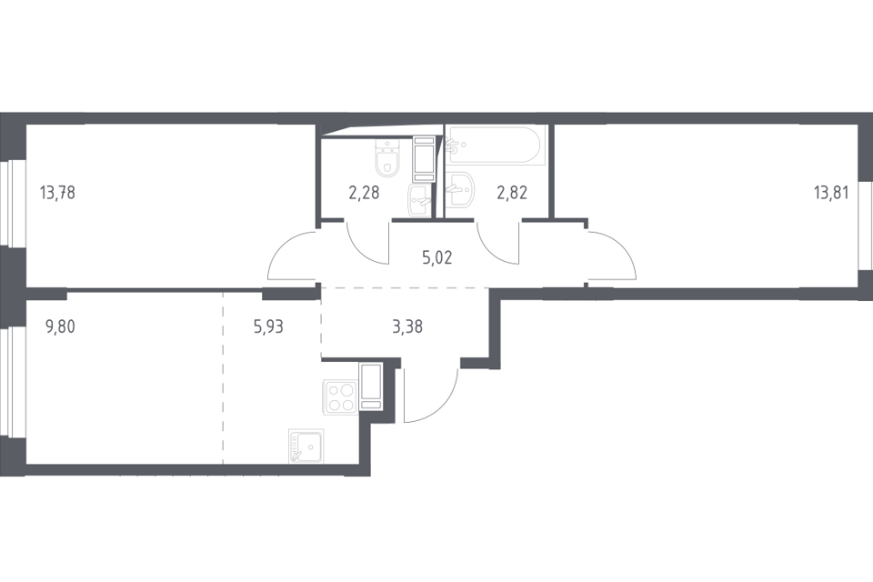 Продаётся 2-комнатная квартира, 56.82 м²