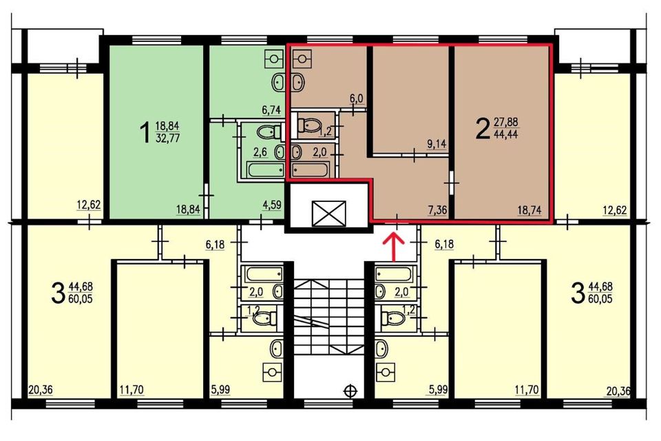 Продаётся 2-комнатная квартира, 44.7 м²