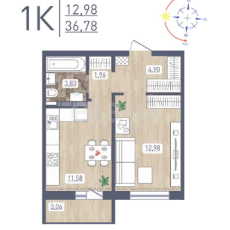 Продаётся 1-комнатная квартира, 36.78 м²
