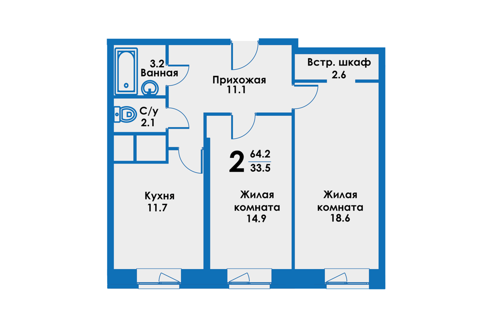 Продаётся 2-комнатная квартира, 64.2 м²