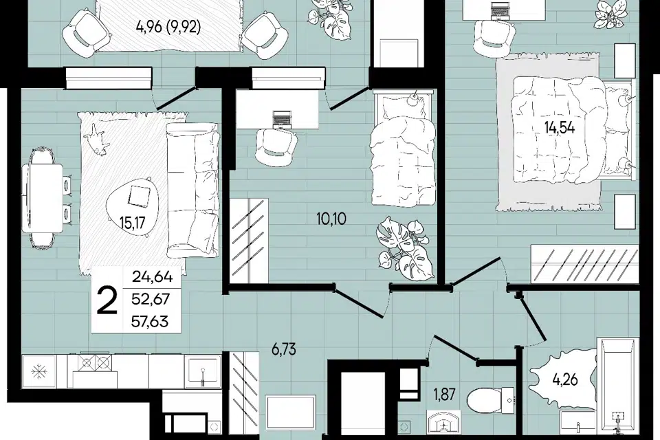 Продаётся 2-комнатная квартира, 57.63 м²