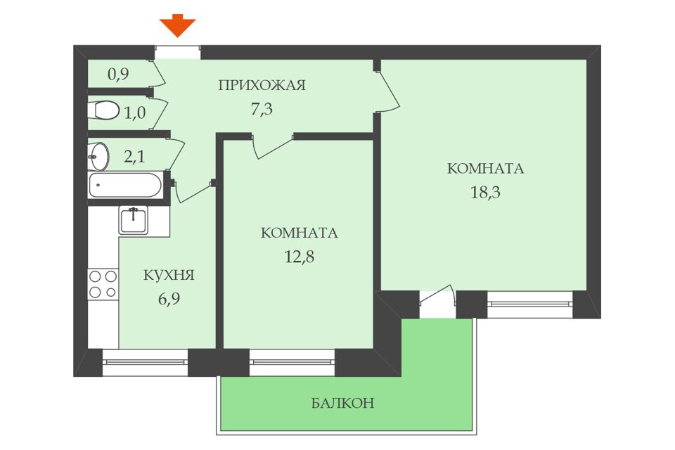 Продаётся 2-комнатная квартира, 49.3 м²