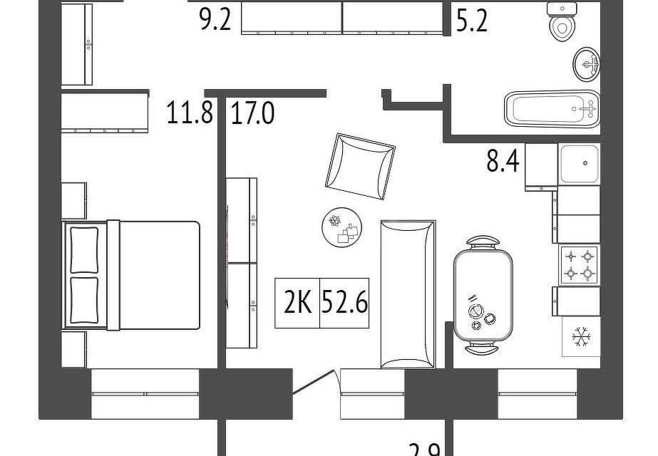 Продаётся 1-комнатная квартира, 52.4 м²
