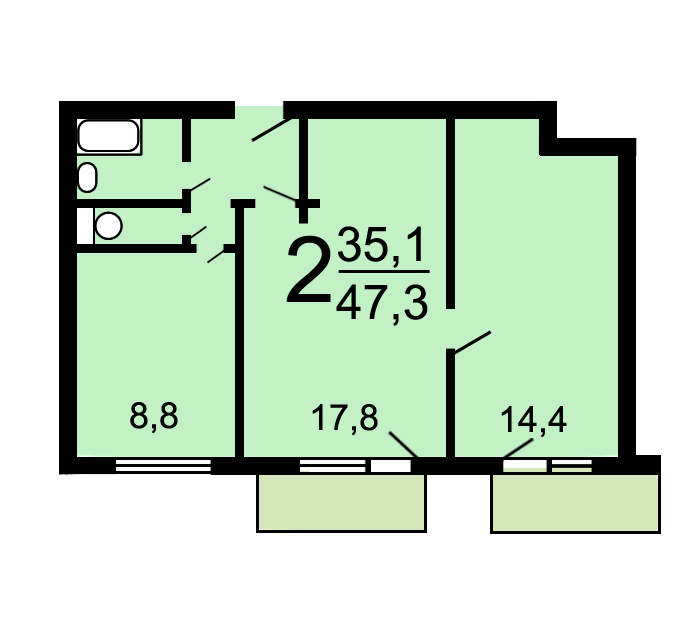 Продаётся 2-комнатная квартира, 47.6 м²