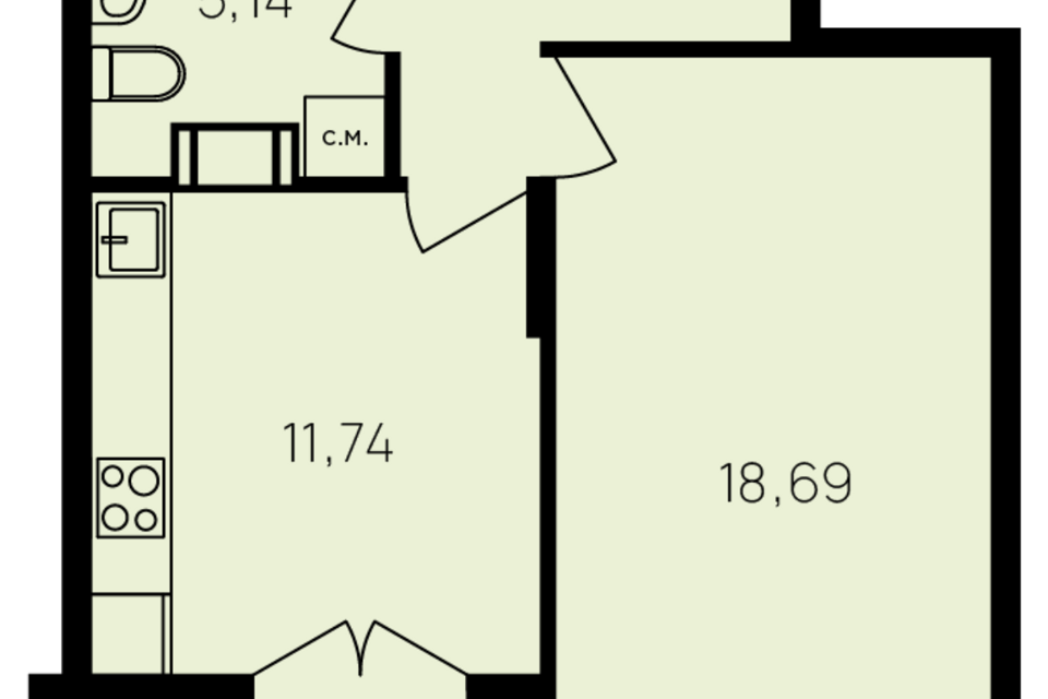 Продаётся 1-комнатная квартира, 44.6 м²