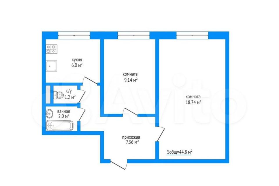Продаётся 2-комнатная квартира, 44 м²