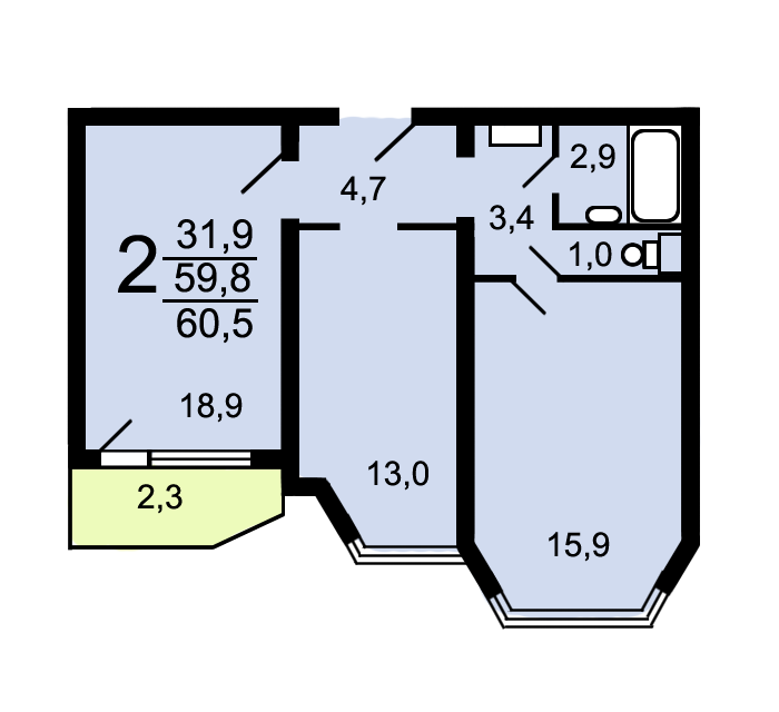 Продаётся 2-комнатная квартира, 59.3 м²