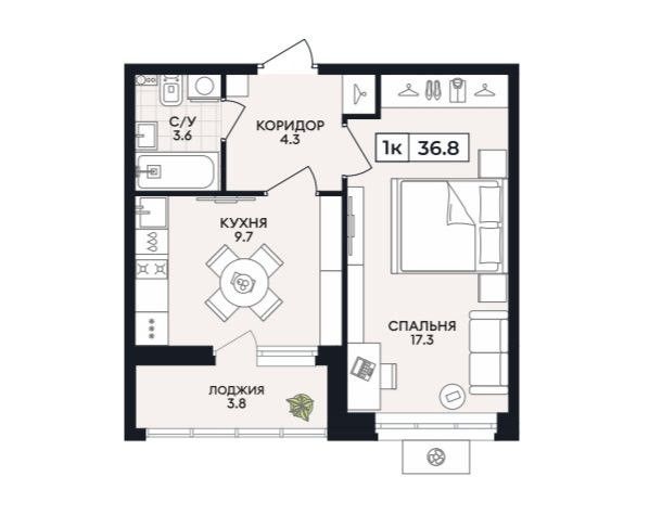 Продаётся 1-комнатная квартира, 39 м²