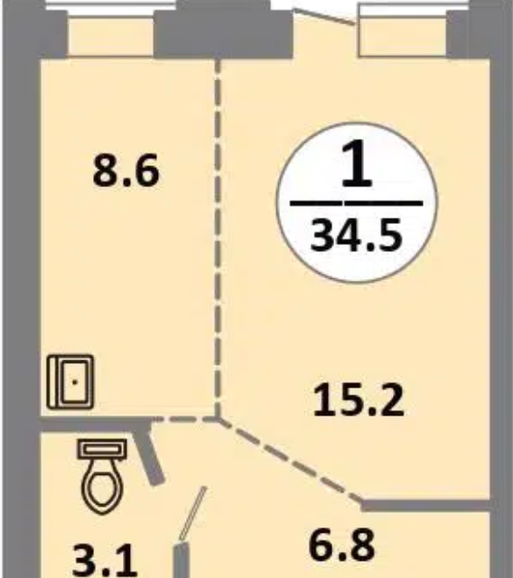 Продаётся 1-комнатная квартира, 34.7 м²