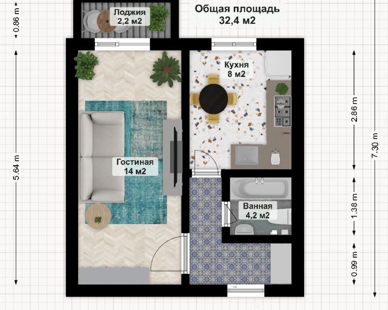 Продаётся 1-комнатная квартира, 32.4 м²