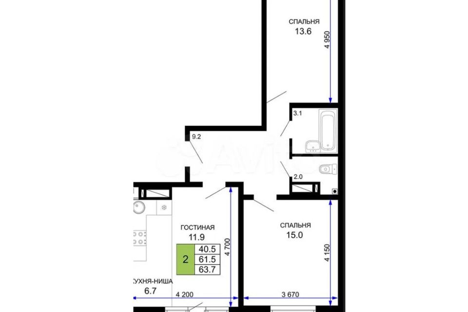 Сдаётся 2-комнатная квартира, 63.7 м²