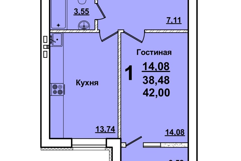 Продаётся 1-комнатная квартира, 38.5 м²