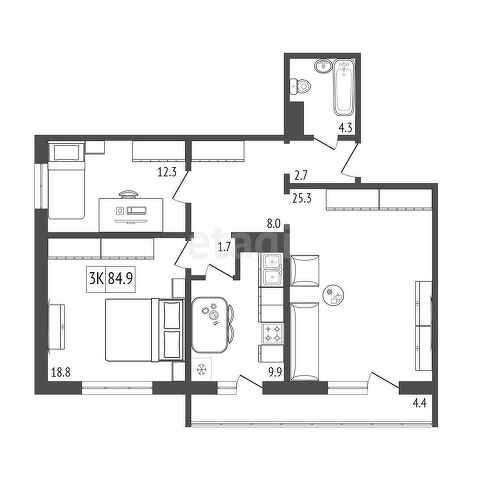 Продаётся 3-комнатная квартира, 84.9 м²