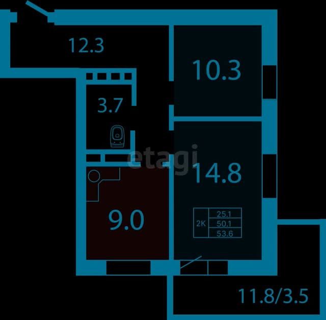 Продаётся 2-комнатная квартира, 53.6 м²