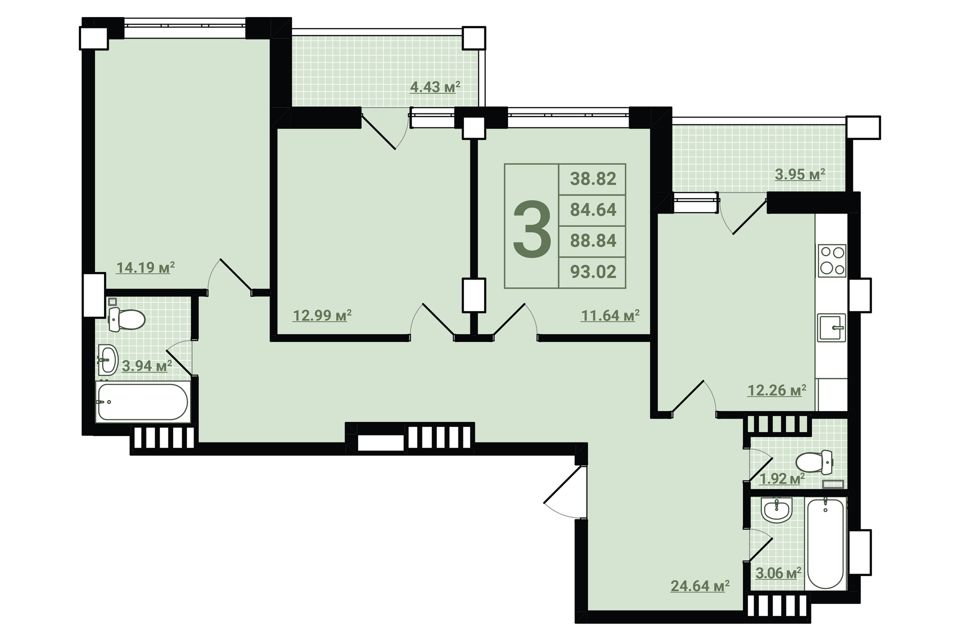 Продаётся 3-комнатная квартира, 92.5 м²