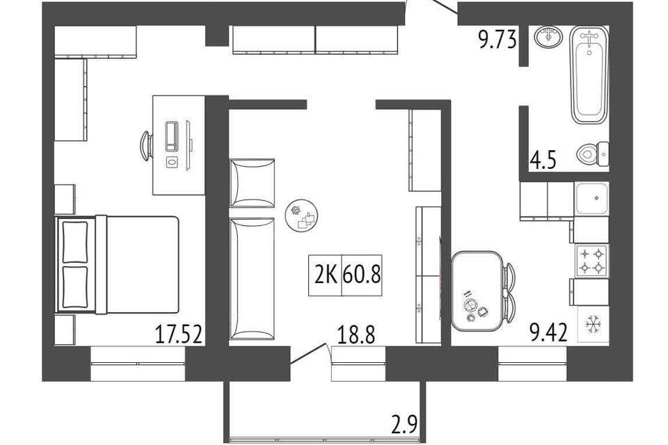 Продаётся 2-комнатная квартира, 59.2 м²