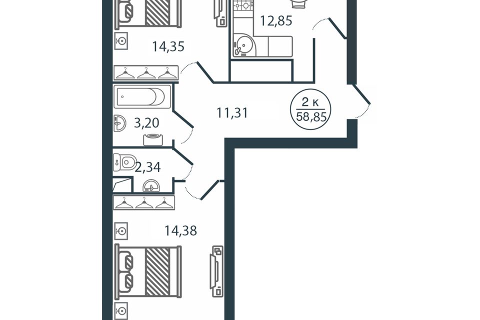 Продаётся 2-комнатная квартира, 58.4 м²