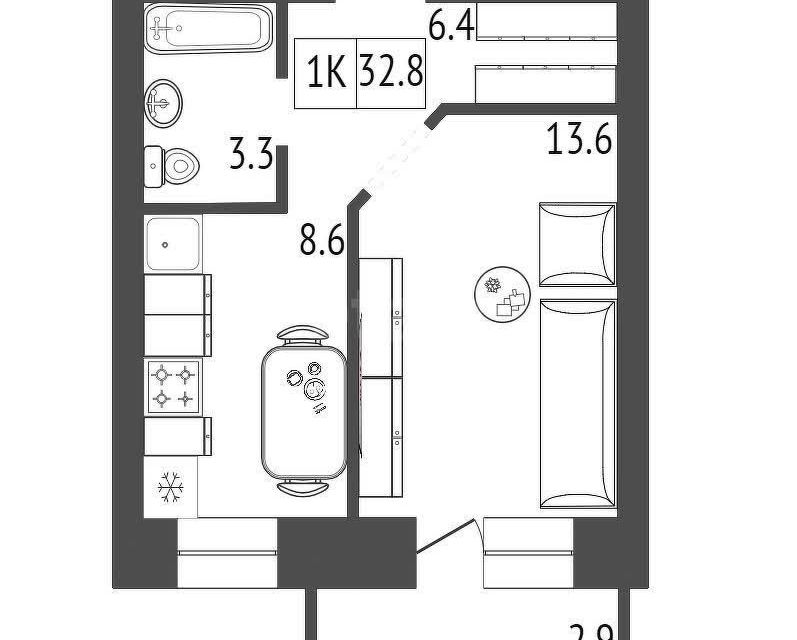 Продаётся 1-комнатная квартира, 32.9 м²