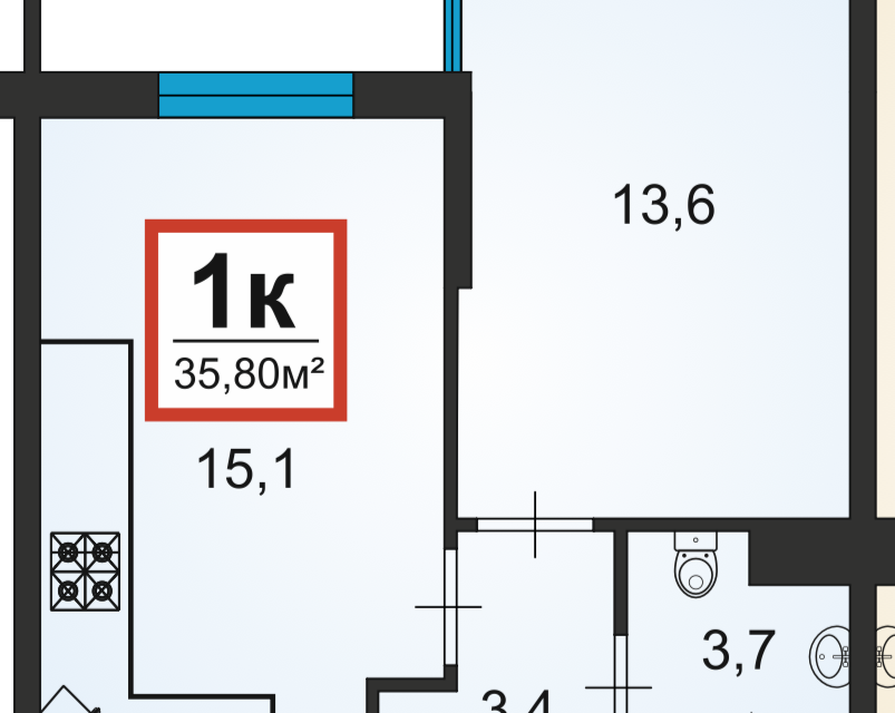 Продаётся 1-комнатная квартира, 36 м²