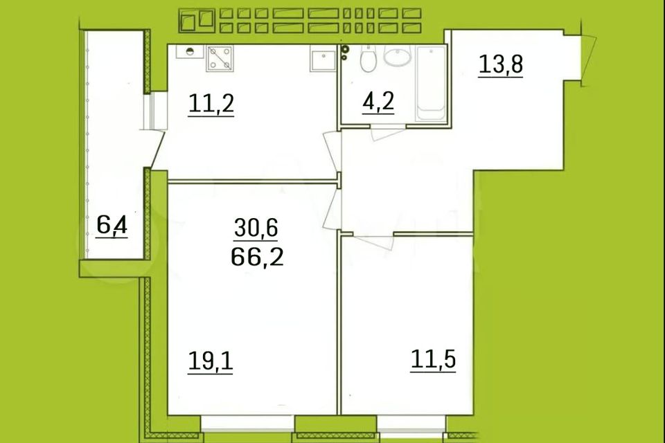 Продаётся 2-комнатная квартира, 66.2 м²