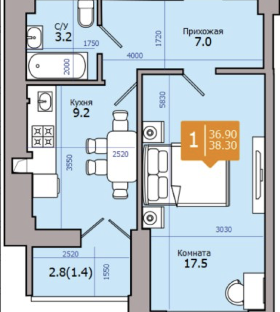Продаётся 1-комнатная квартира, 37.5 м²