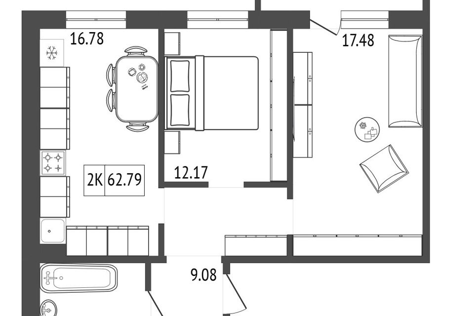 Продаётся 2-комнатная квартира, 62.79 м²