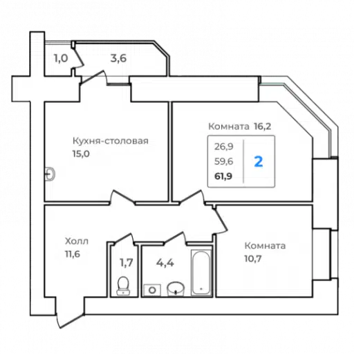 Продаётся 2-комнатная квартира, 61.9 м²