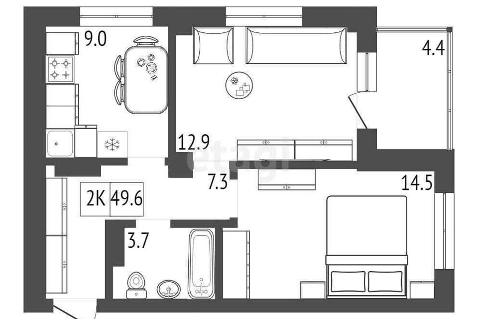 Продаётся 2-комнатная квартира, 50.9 м²