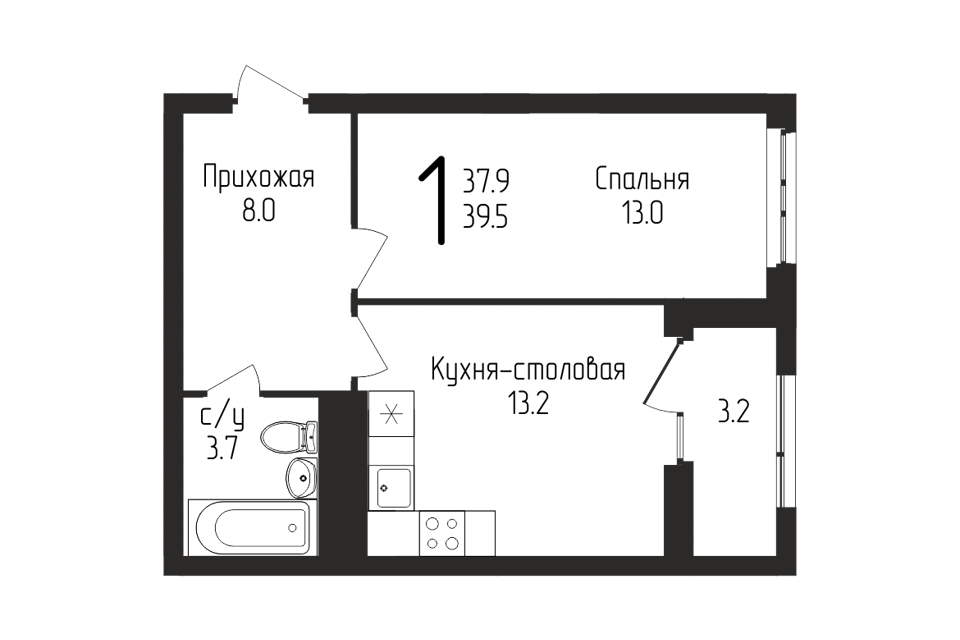 Продаётся 1-комнатная квартира, 39.5 м²