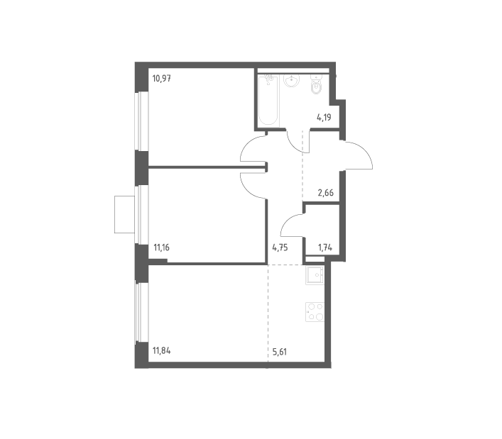 Продаётся 2-комнатная квартира, 52.92 м²