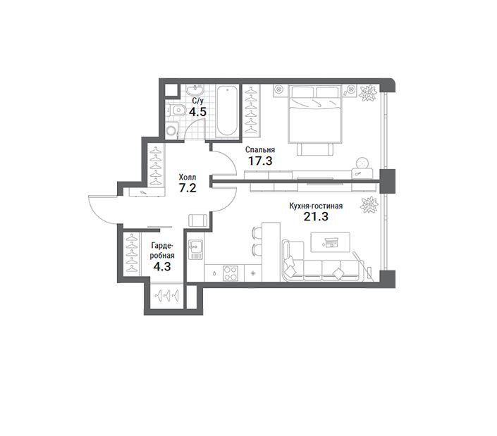 Продаётся 1-комнатная квартира, 54.6 м²