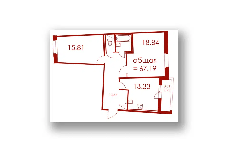 Продаётся 2-комнатная квартира, 67.1 м²
